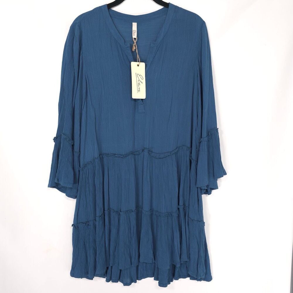 Elan Mini Dress Size SMALL Blue Teal Tiered Ruffle Swing Wide Long Sleeves